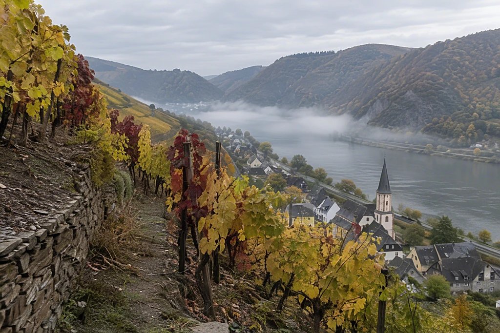 Herbstlich gefärbte Weinbergterrassen über einem Flusstal mit Morgennebel